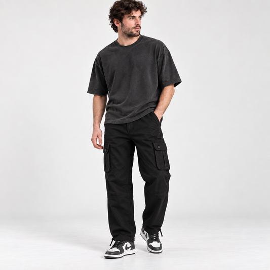 Men's Cotton Cargo Trousers black front streetwear pose