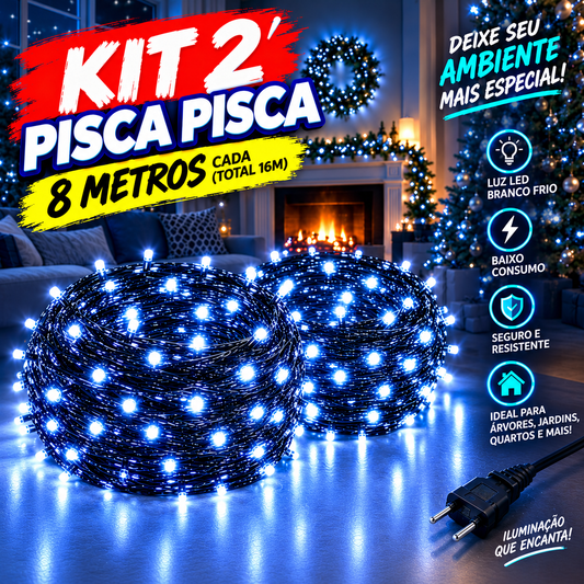 Kit 2 Pisca Pisca LED Branco Frio 8 Metros 110V para Natal, Árvore de Natal e Decoração