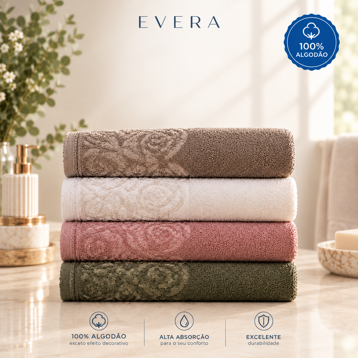 Kit 2 Toalhas de Banho Monique 100% Algodão 75x150 cm – Macia e Absorvente | EVERA